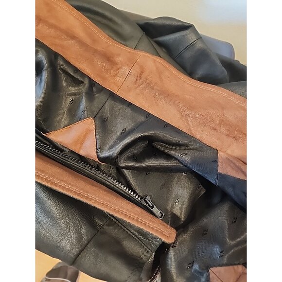 $1895 REMY Leather 52L long Mens Double Collar Bomber Jacket Black brown coat - Picture 10 of 11